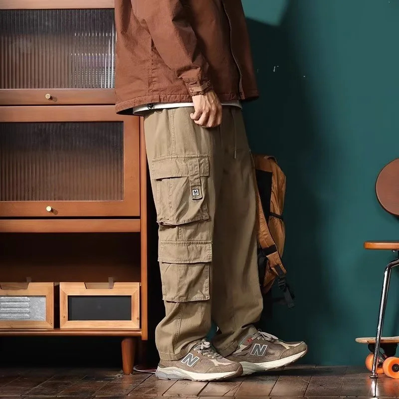 American retro luggage cargo pants mens outdoor sports military tactical sports pants Y2K straight multi pocket set Trouser 241007