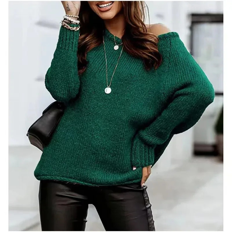 2024 Women Sweater Jumper Long Sleeve Off Shoulder Pullover Sweater Autumn Winter Solid Color O-Neck Knitted Top Elegant Chic 241010