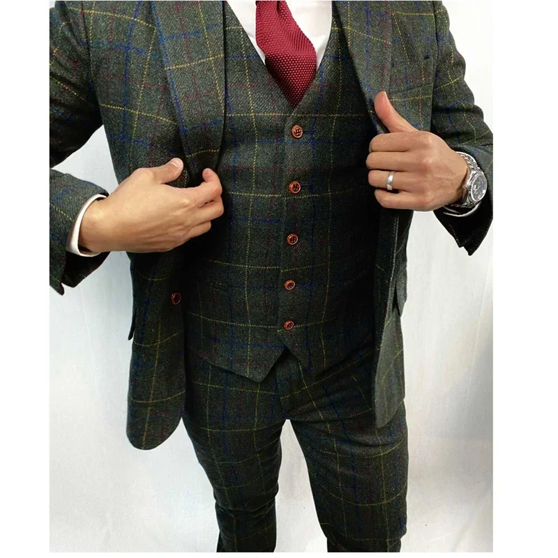 Wool Tweed Men Suits For Wedding Green Slim Fit Groom Tuxedo Male Fashion Costume 3 Pcs Jacket Pants Vest 2024