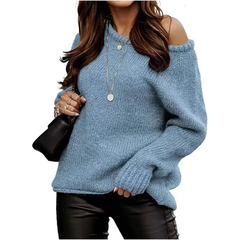 2024 Women Sweater Jumper Long Sleeve Off Shoulder Pullover Sweater Autumn Winter Solid Color O-Neck Knitted Top Elegant Chic 241010