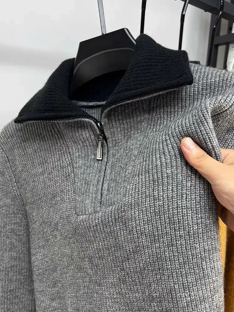 High end fashion mens half zipper sweater for autumn and winter casual fashion thick solid color high neck knitted sweater 241011