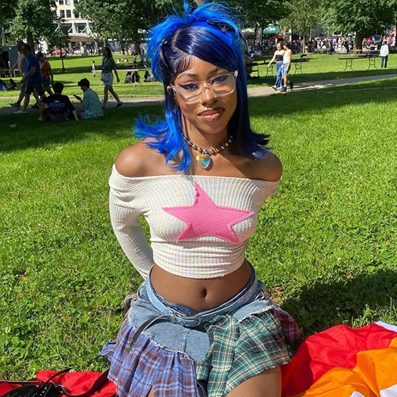 Sifreyr Star Patchwork Y2k Slim Tee Tops Women Fashion Slash Neck Long Sleeve Sexy Cropped T-shirt Streetwear Tshirts 241010