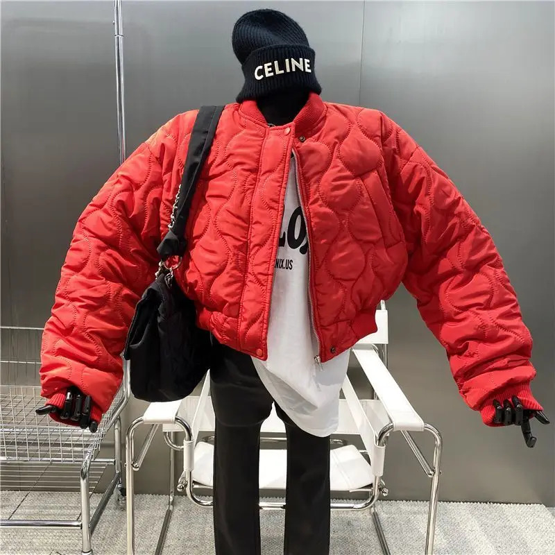 Trendy Cropped Winter Bomber Jackets Streetwear White Parka Thick Cotton Chaquetas Warm Zip Up Short Quilted Outwear 240930