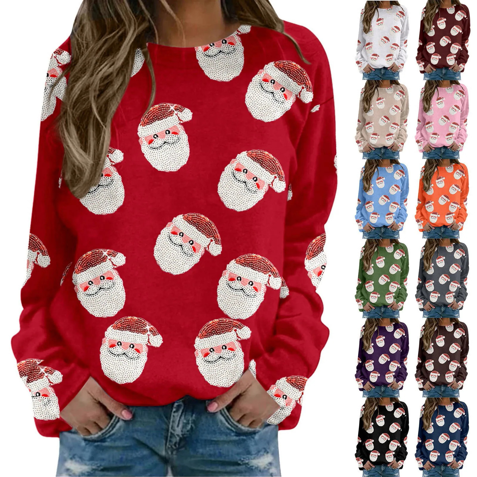 Autumn Vintage Sequined Santa Claus Hoodies Christmas Cartoon Sweatshirts For Women Solid Color Workout Pullover Tops Sudaderas 241011