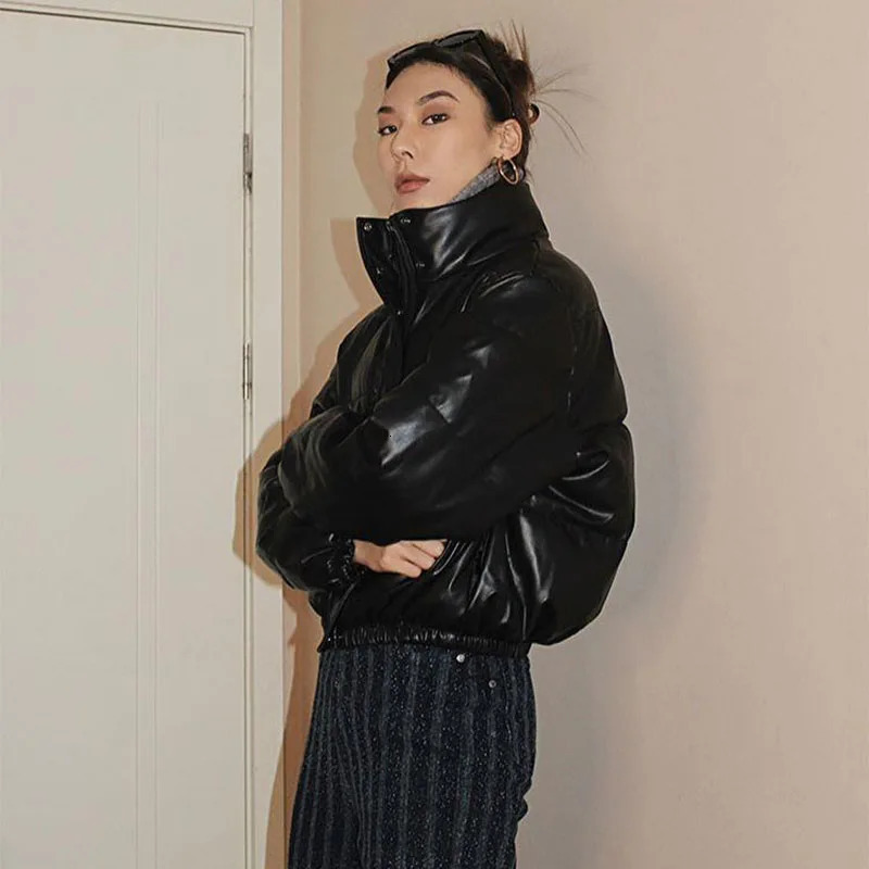Lucyever 2024 Autumn Winter CottonPadded Jacket Women Black Pu Leather Short Parkas Woman Thicken Warm Stand Collar Parka Coat 240930