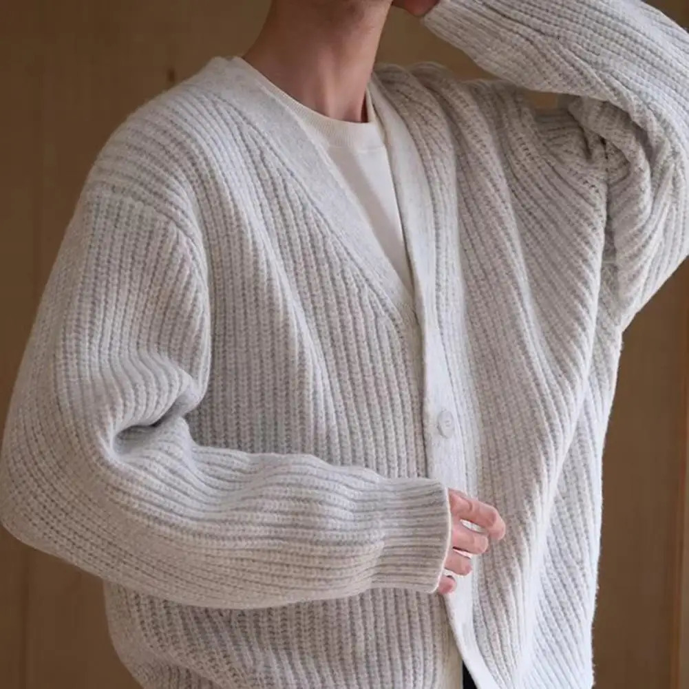 Winter and autumn mens cardigan sweater single chest V-neck button thick knit long sleeved solid color elastic warm soft casual 241011