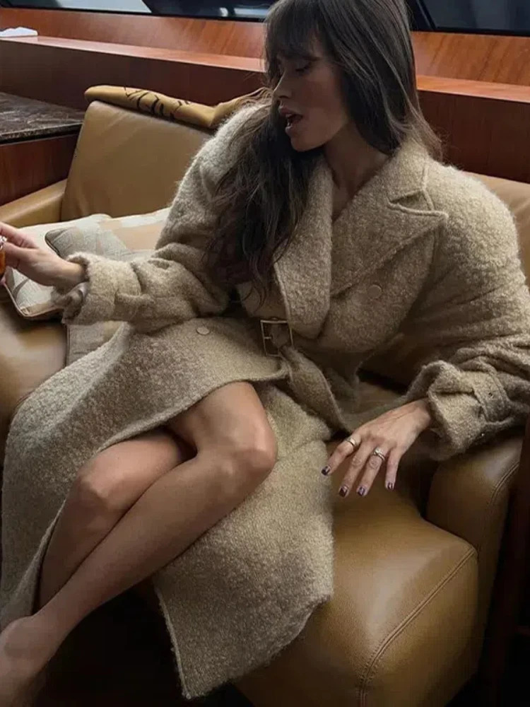 Retro double-layer wool long coat womens casual lapel pocket Maxi coat with belt womens autumn elegant and chic streetwear 241007