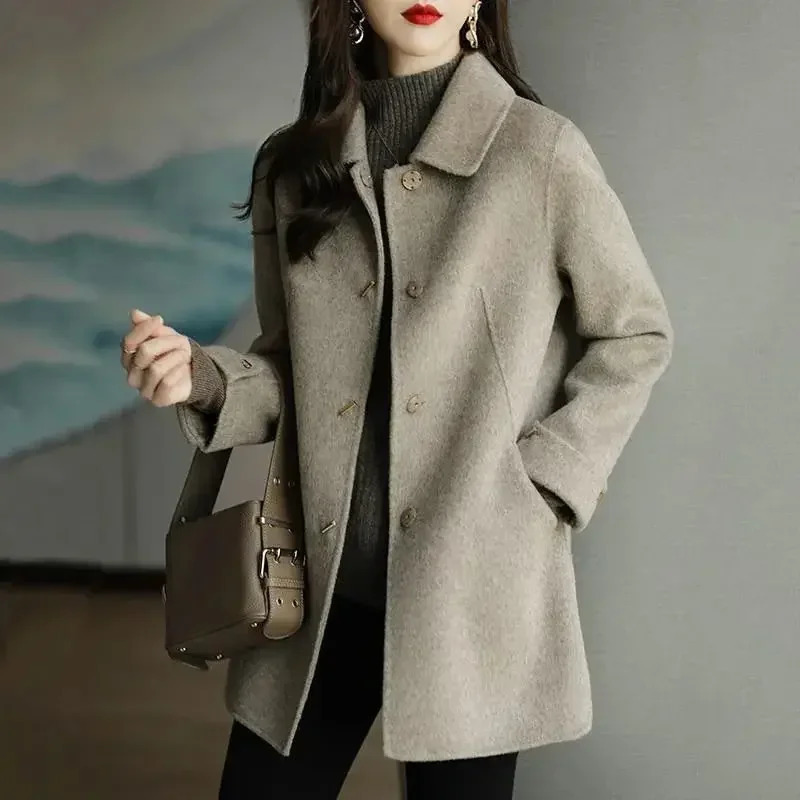 Wool coat womens jacket windproof coat loose and fashionable office womens single chest pocket warm autumn and winter top 241007
