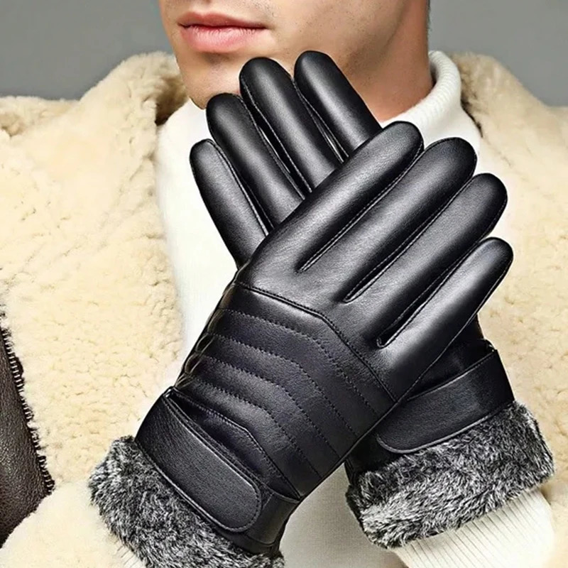 Mens comfortable wool lined PU leather gloves with waterproof touch screen compatible winter cycling and motorcycle riding holiday gifts 241009