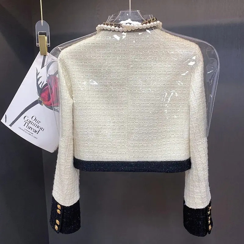 Womens small perfume tweed coat Fashion V-neck casual jacket Long sleeve cut jacket Elegant womens coat Spring 240930