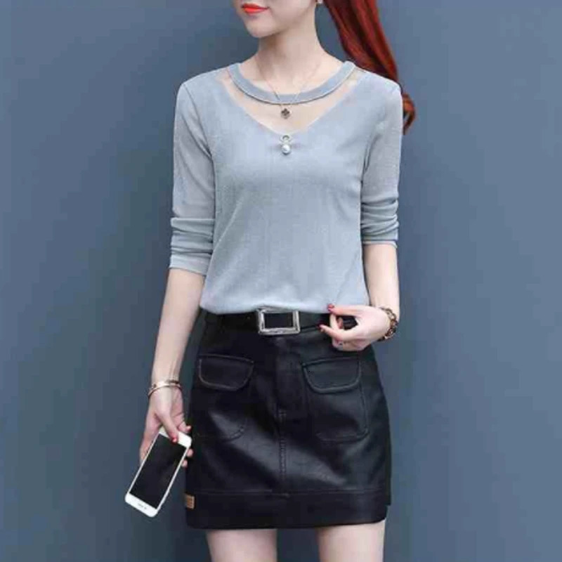 Net Yarn Patchwork Slim Bottoming Shirt Spring Long Sleeve Solid Color Hollow Out T Tops Elegant Vintage Women Clothes 241011