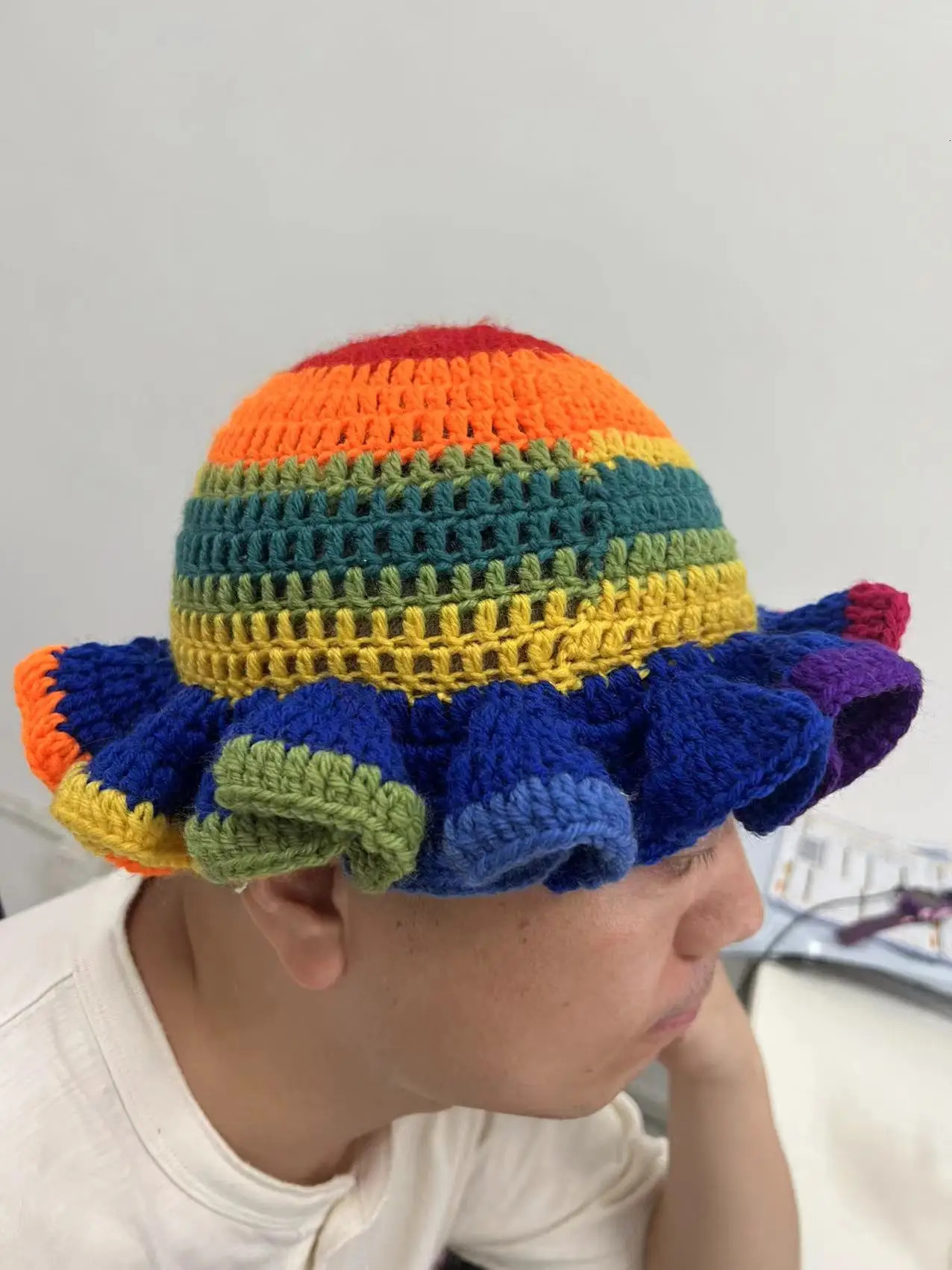 Soefdio colorful handmade knitted crocheted ruffled brown bucket hat womens fashionable fisherman outdoor windproof 241009