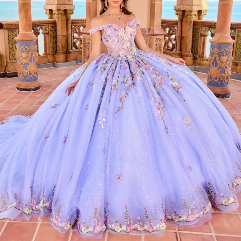 Lavender Shiny Off Shoulder Quinceanera Dresses Appliques Lace Sweep Train Ball Gown Sweet 16 Dress Vestidos De 15 Anos