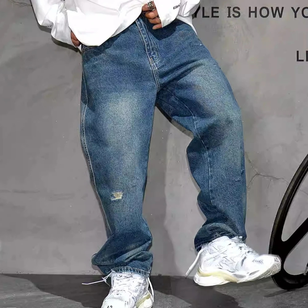 American retro blue ripped pocket jeans streetwear skateboarding denim pants mens clothing Harajuku fashion casual 241008