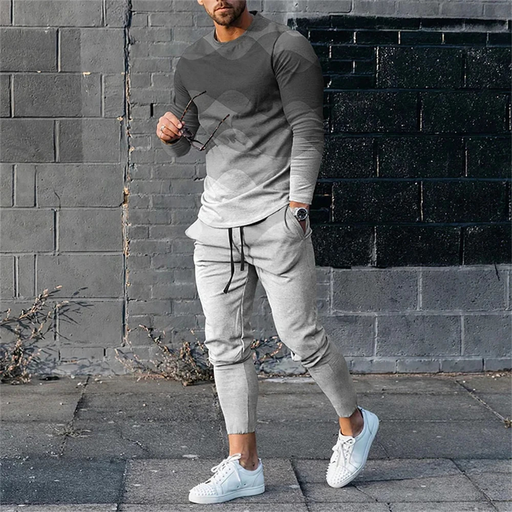 Mens high-quality sleeved mens fashionable summer printed T-shirt long pants 2PCS set clothing sportswear 240930