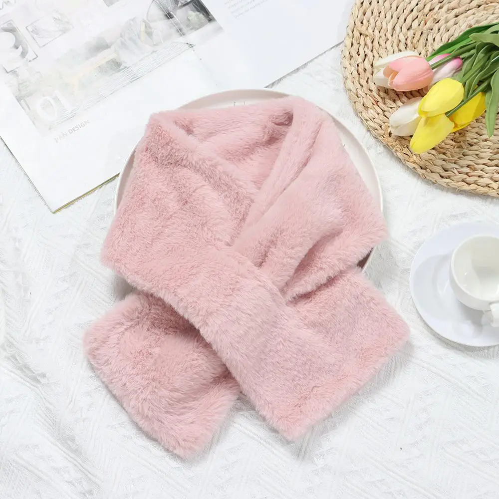 Women Winter Warm Thicken Cross Collar Scarf Solid Color Faux Rabbit Fur Plush Elegant Shawl Scarfs 241009