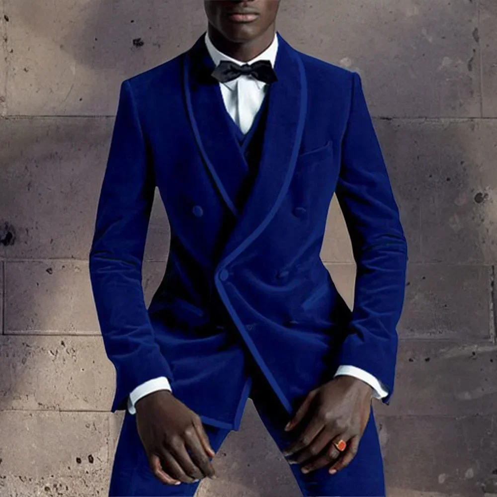 Double Breasted Men Suits Slim Fit Velvet Wedding Tuxedo for Prom Stage 3 Pcs Male Smoking Jacket with Vest Pant 2024
