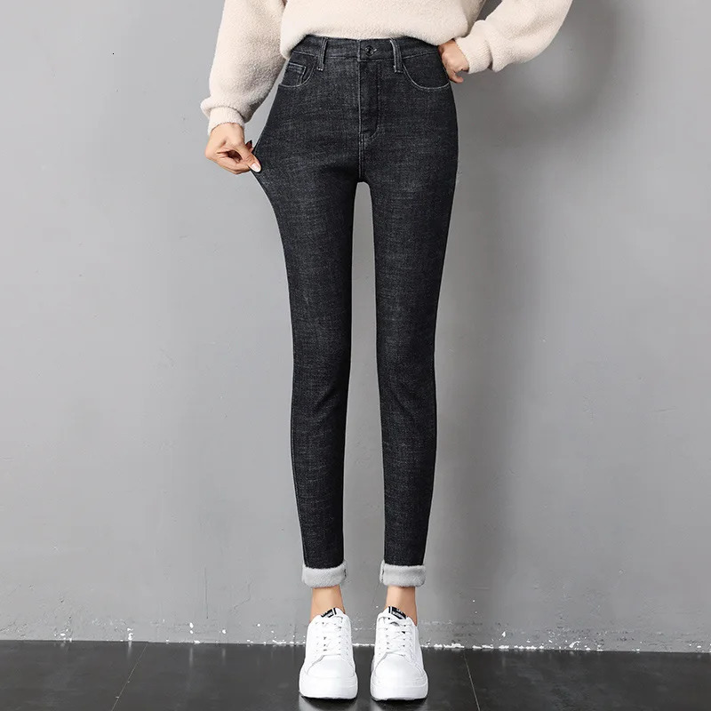 2023 Women Thermal Jeans Winter Snow Warm Plush Stretch Lady Skinny Thicken Fleece Denim Long Pants Retro Pencil Trousers 241007