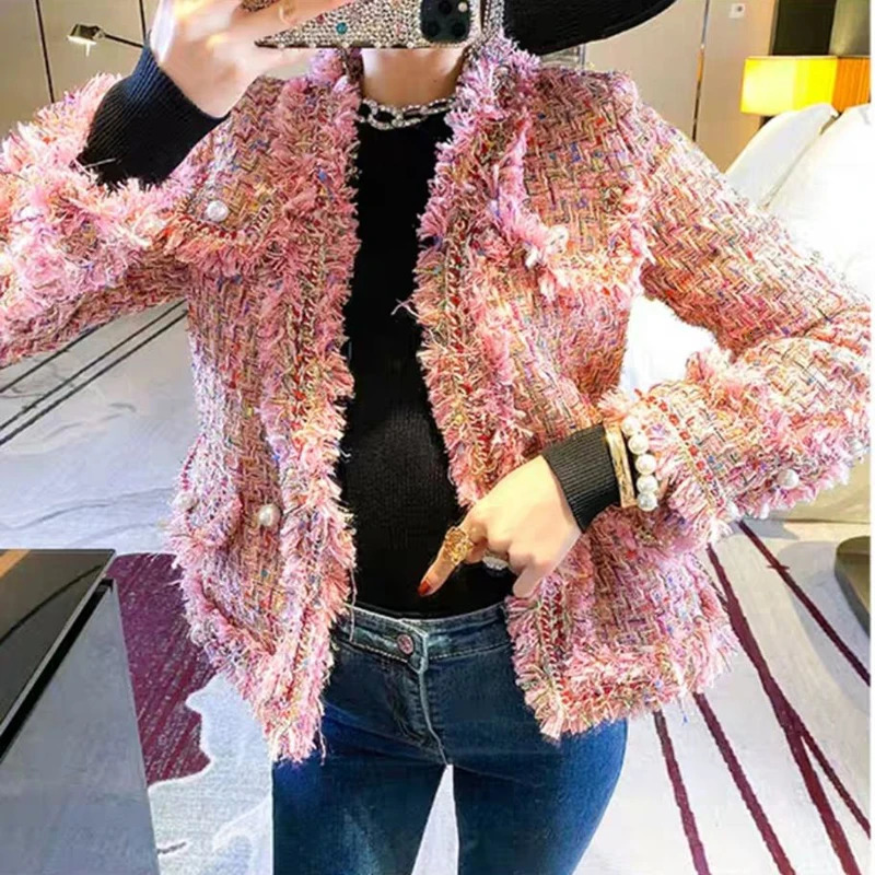 Autumn Winter Heavy Industry Tweed Jacket Women Overcoat Fashion Weave Slim Casual Woolen Casaco Female Short Tops 241011