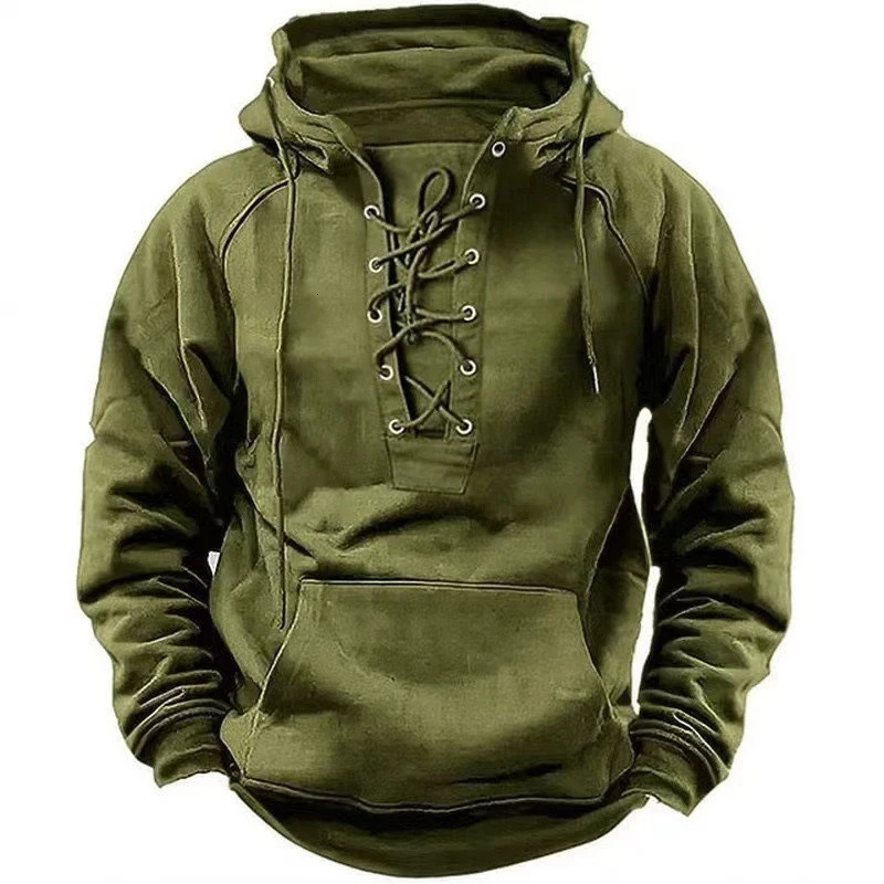Autumn fashion mens hooded sweatshirt lace camisole long sleeved loose streetwear retro solid color 241011