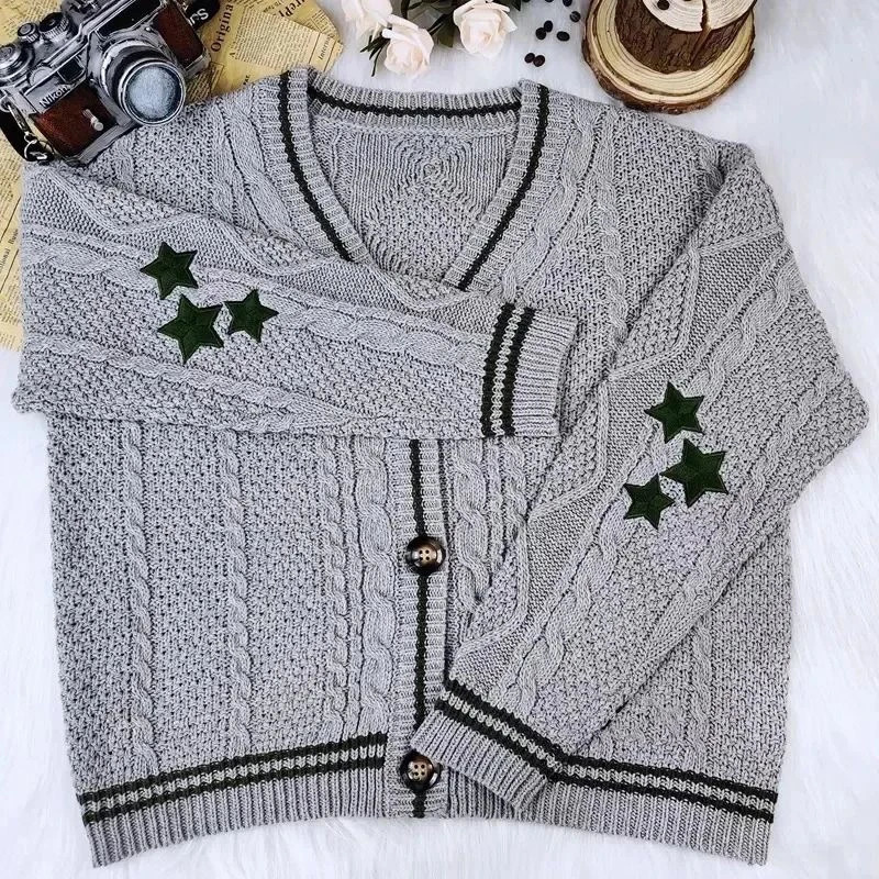 Black Knit Print Women Cardigan Korean Sweet Loose Star Long Sleeve Female Sweater Autumn Preppy Style V Neck Ladies Tops 241009