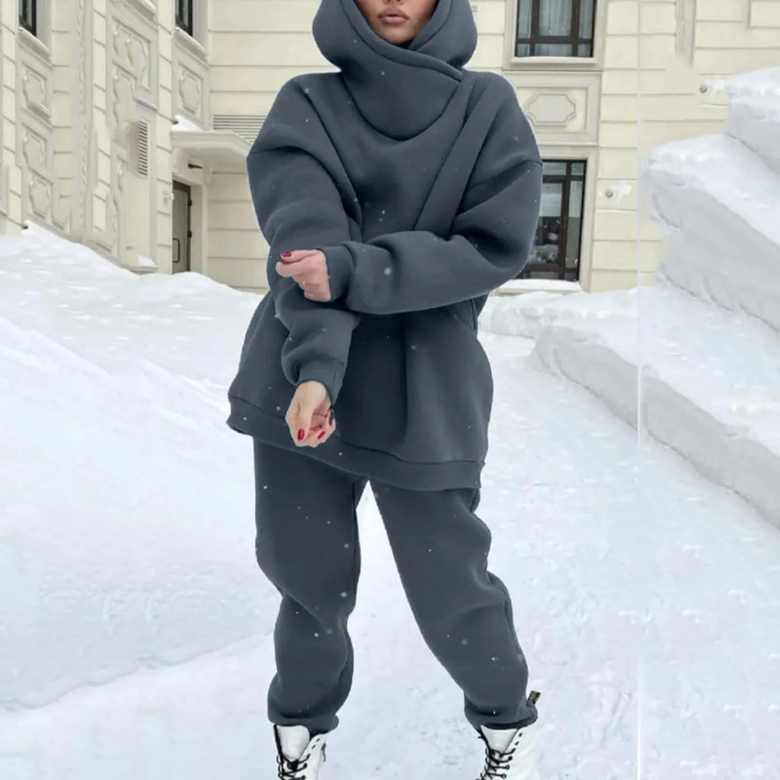 Autumn/Winter Warm Womens Casual Sportswear Solid Color Round Neck Sweatshirt Womens Day Pants Set 2 pieces 241011