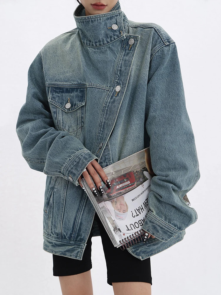 SHENGPALAE Fashion Womens Denim Jacket Turtle Neck Single Chest Full Set Patched Work Edition Jacket Autumn Collection 5R4436 241010