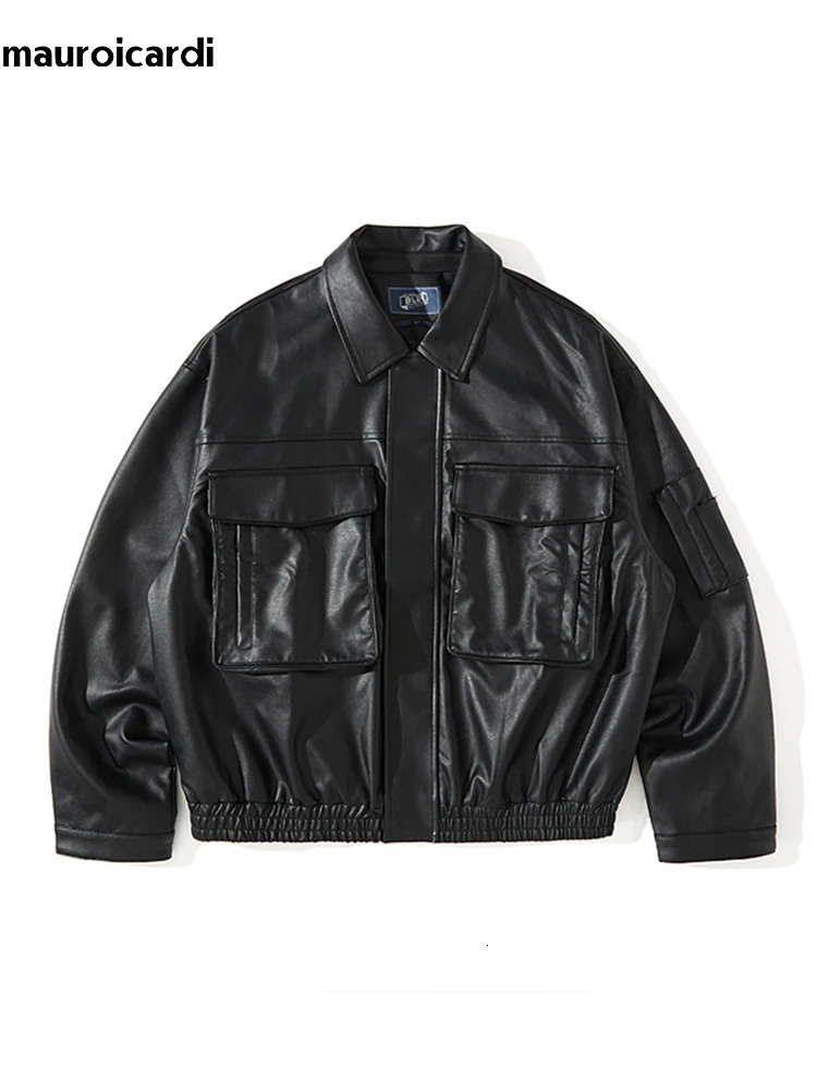 Mauroicardi Spring Autumn Vintage Cool Black Brown Soft Pu Leather Moto Jacket Men Zipper Pockets Cargo Clothes 241011