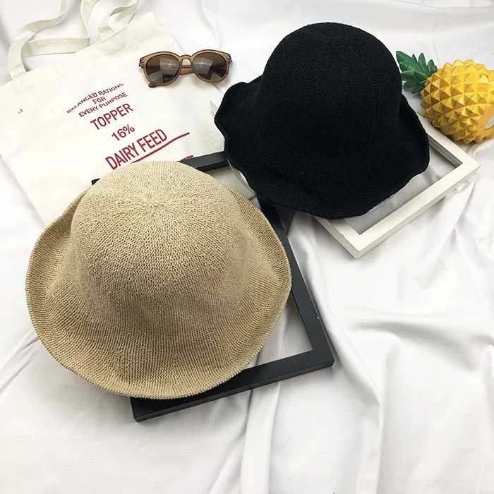 Fashion Bucket Hat Summer Hollow Knitted Solid Color Sunhat Fishermans Casual Folding Beach 241009