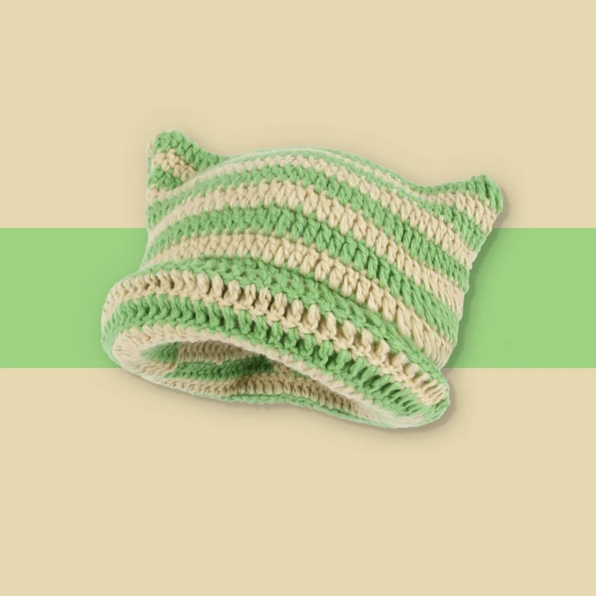 Korean Beanie Hat Ins Little Devil Striped Knitted Wool Cap Autumn and Winter Cute Cap Ears Pointed Pullover Womens Hats 241007