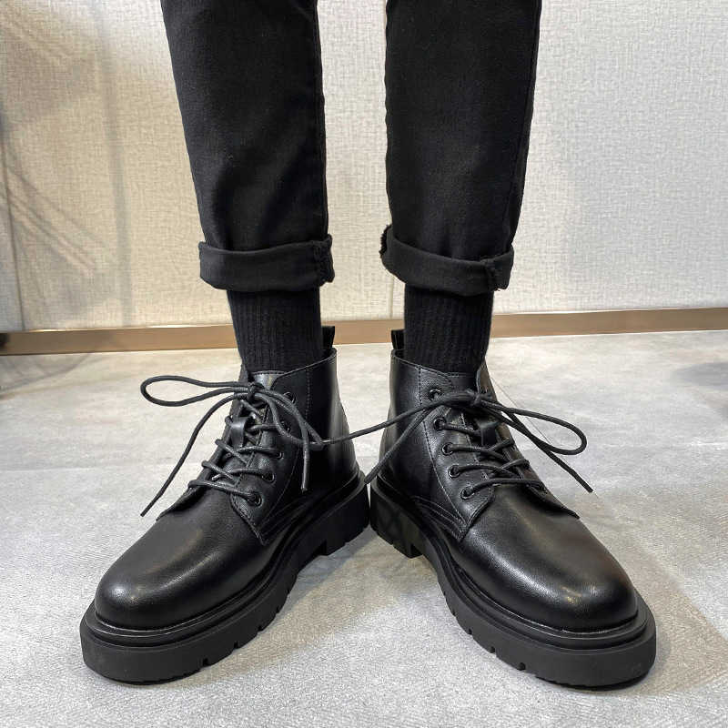 Martin Boot Breathable Ankle Boots Mens Mid Top Korean Style Trendy Leather Boots Mens British Versatile Casual High Top Leather Shoes Fashion Boots 2