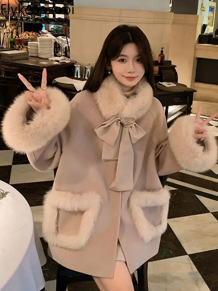 Bow Winter Fluffy Coat Fox Fur Collar Fur Coat Womens Loose Coat 241011