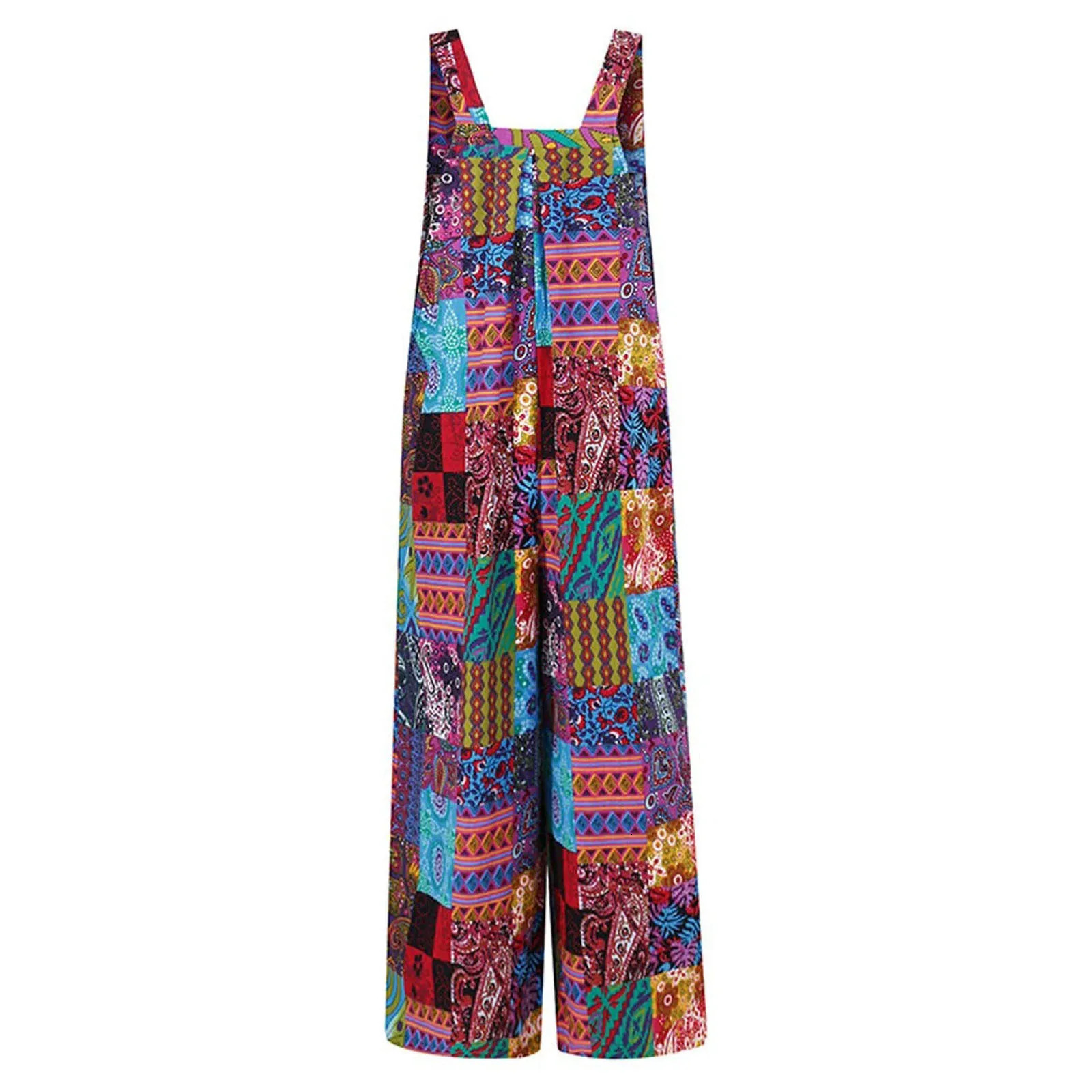Captivating Women Summer Overalls Multicolor Ethnic Style Square Neck Sleeveless Casual Jumpsuit with Pockets for Girls 240930