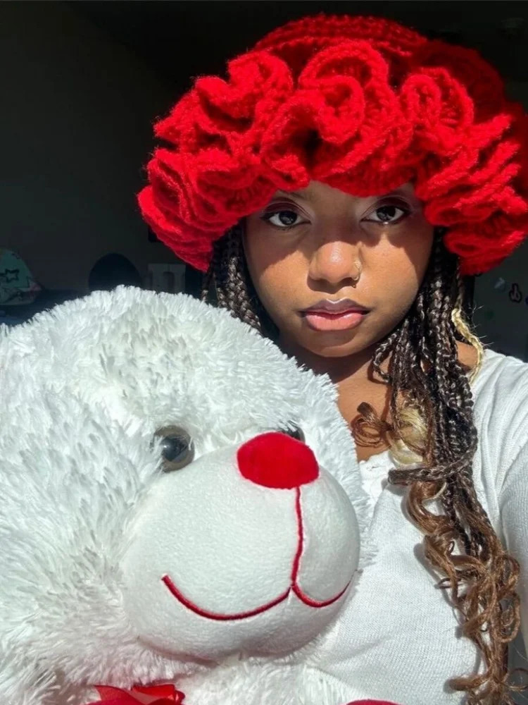 Soefdio colorful handmade knitted crocheted ruffled brown bucket hat womens fashionable fisherman outdoor windproof 241009