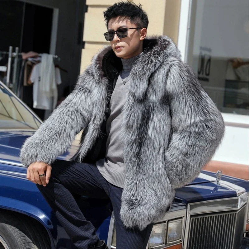 Model Winter Warm Hooded Fashion Fox Fur Men Mink Fur Integrated Coat Silver Fox Mink Coat Casual Cozy Jacket 241011