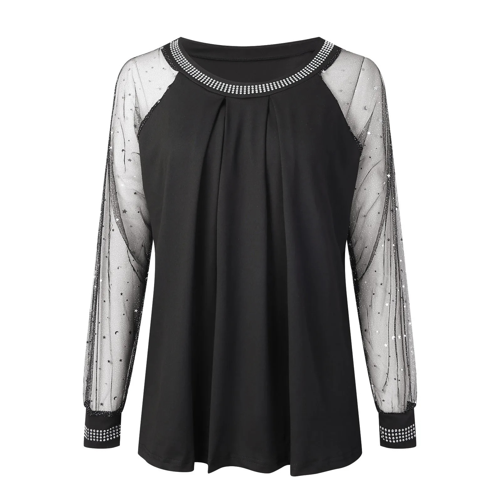 Woman Casual Rhinestone Sheer Mesh Patch Glitter Top Female Clothing WomenS Fashion Long Sleeve Daily TShirt 241011