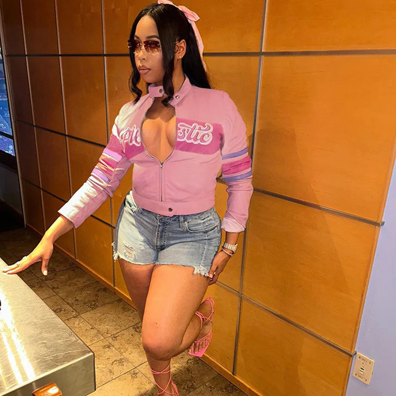 Winter Leather Jackets Women Crop Varsity Baseball Coats Y2K Streetwear Cyber Racer Patchwork Cropped 241011