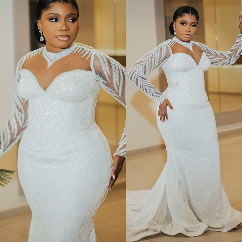 2024 Plus Size Aso Ebi Wedding Dress Bridal Gowns For Bride Sheer Neck Illusion Mermaid Long Sleeves Beaded Lace Wedding Gowns for African Black Women