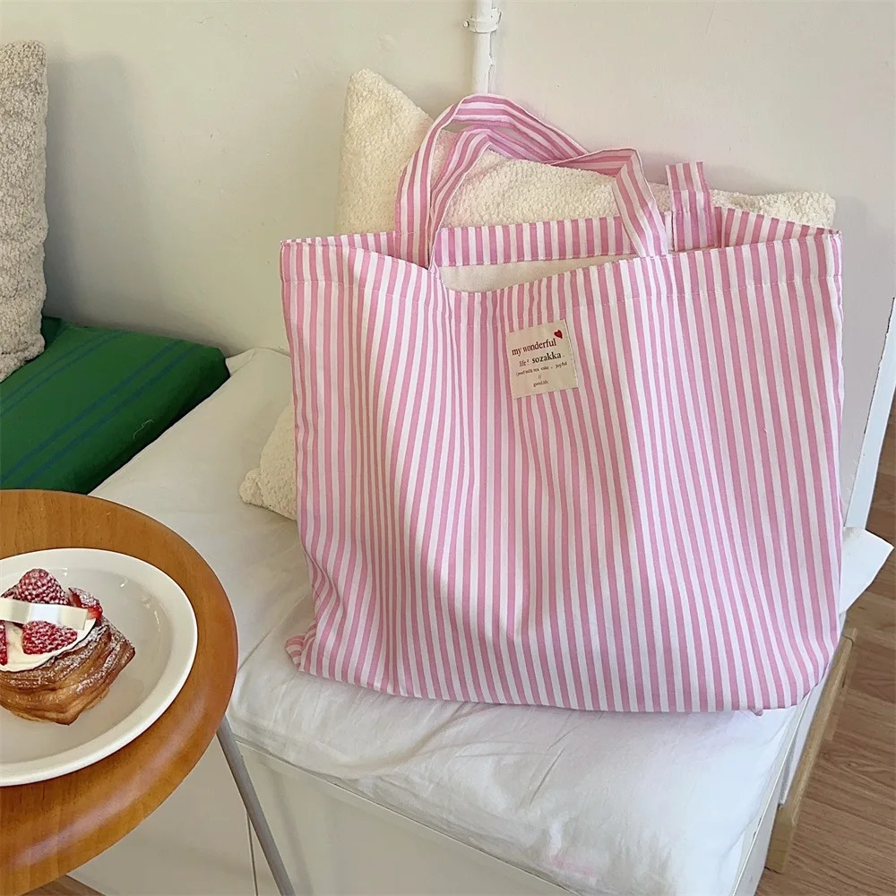 Korean student fashion handbag simple solid color striped series messenger bag portable book lipstick storage bag 241008