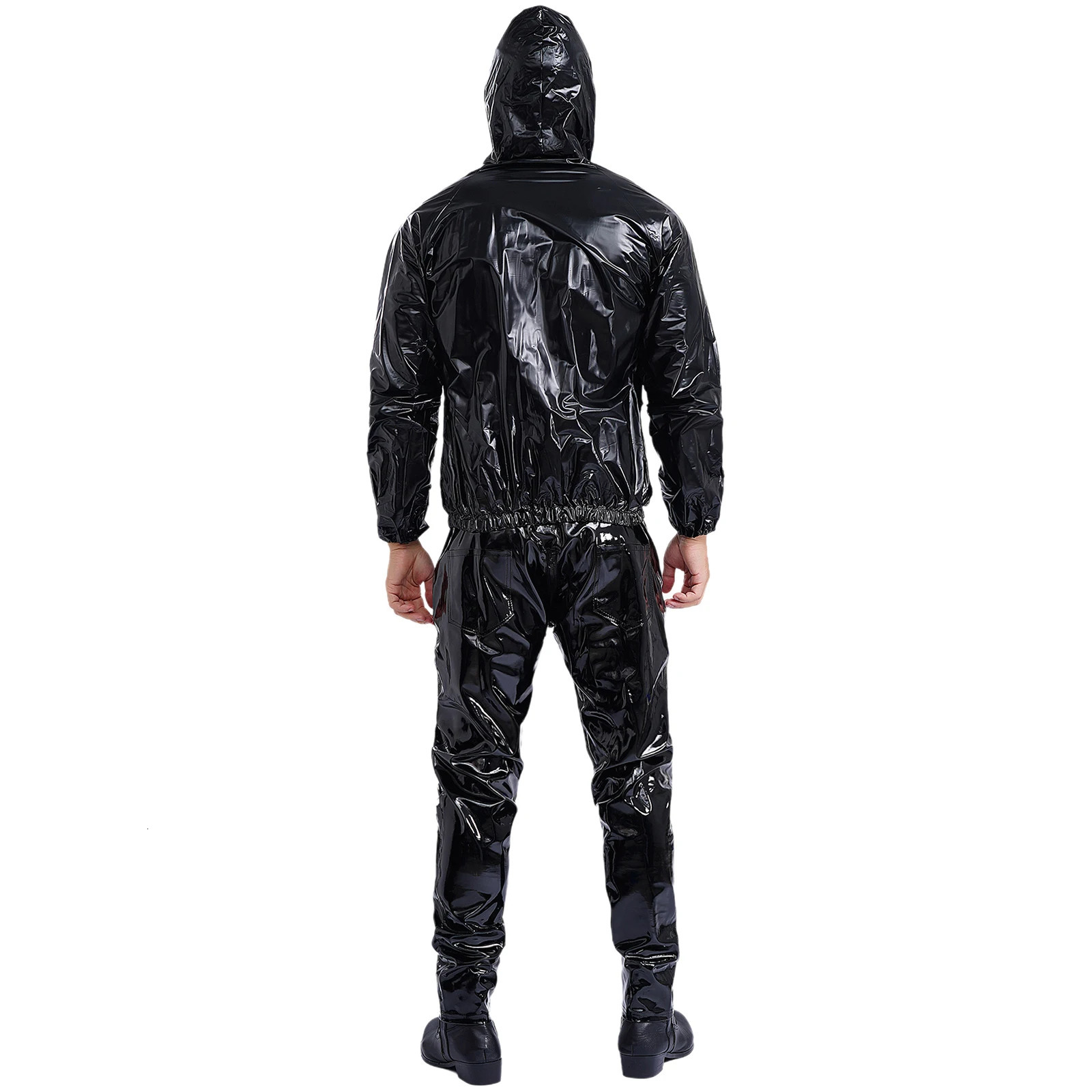 Unisex Womens Mens PVC Sauna Sweat Suit Exercise Workout Outfit Long Sleeve Zipper Drawstring Hooded Jacket Tops with Pants 241010