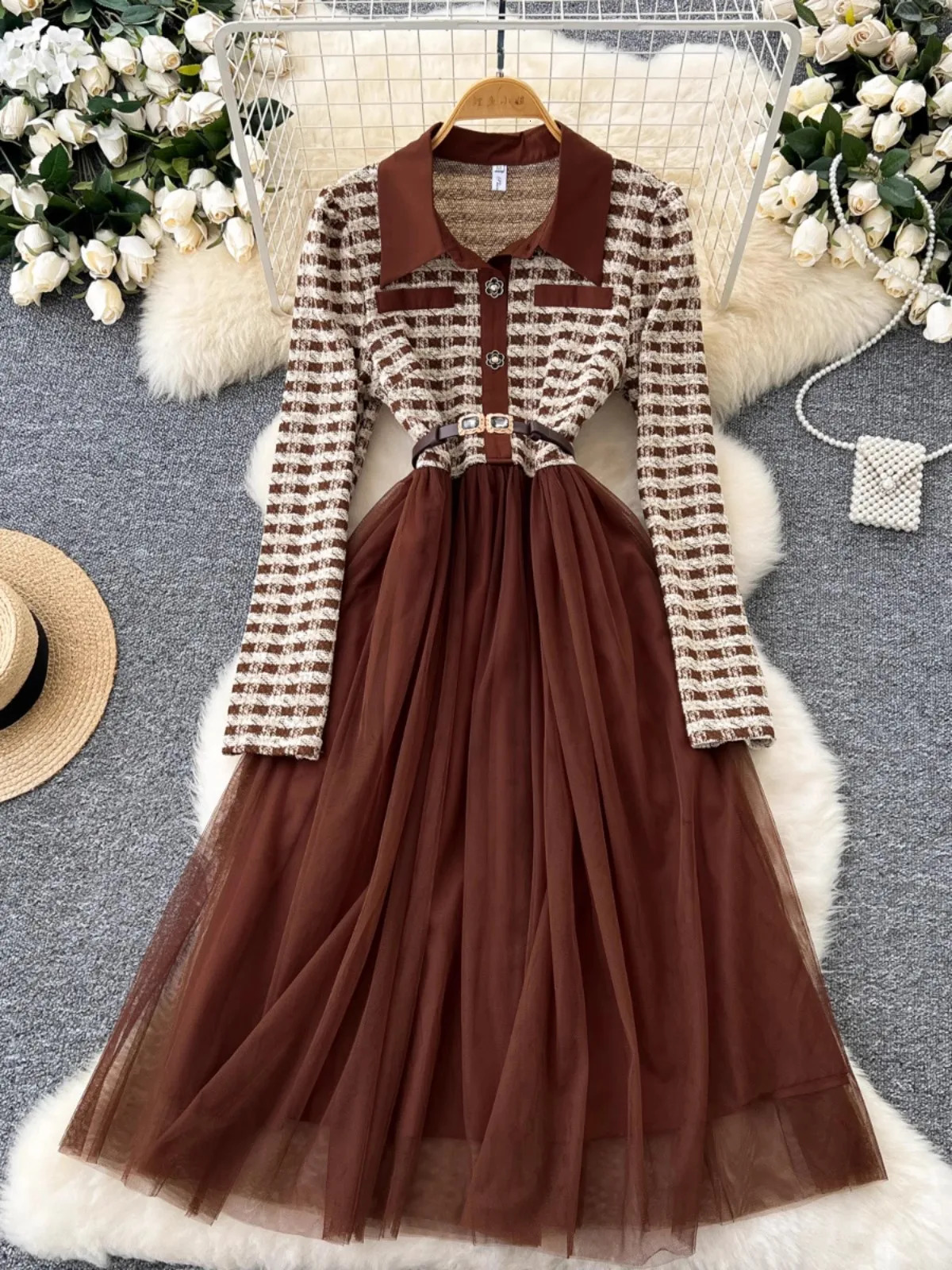 autumn small perfume lapel plain tweed patchwork mesh long skirt womens petal button belt evening party vest 241011