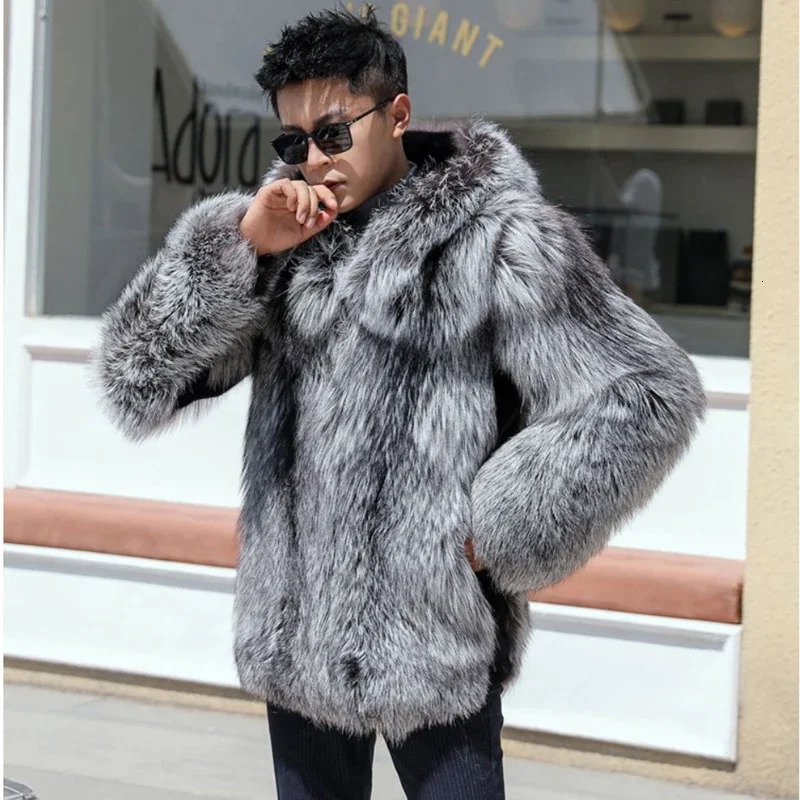 Model Winter Warm Hooded Fashion Fox Fur Men Mink Fur Integrated Coat Silver Fox Mink Coat Casual Cozy Jacket 241011