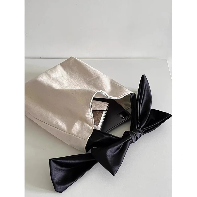 Korean bow handbag simple niche summer canvas bag fashionable large capacity casual shopping bag shoulder bag 241008