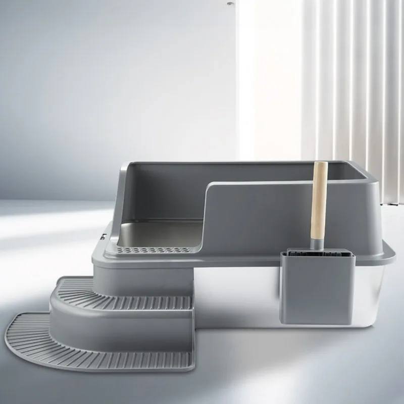 Stainless Steel Cat Litter Box Semi-enclosed Staircase ABS Cat Shovel Cat Litter Box Extra Large Splash-Proof Cat Litter Pan