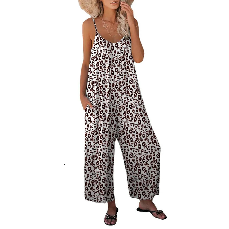 2023 Summer Womens Pants Cross Border Leopard Pattern Pocket Loose Casual Strap Jumpsuit 240930