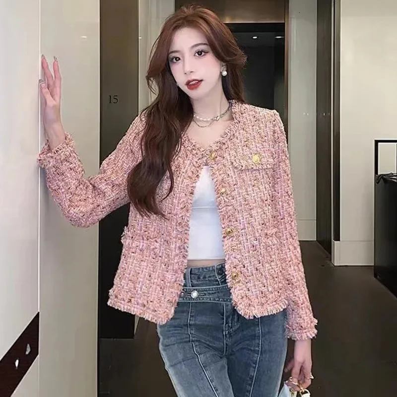 Rimboy elegant pink tweed cut jacket for womens autumn fashion long sleeved jacket for womens round neck social style party jacket 240930