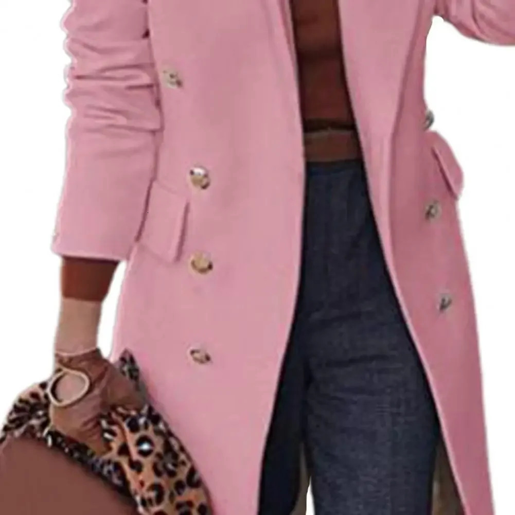 Solid color womens wool coat long button lapel coat fashionable ultra-thin double chest casual womens coat autumn and winter 241007