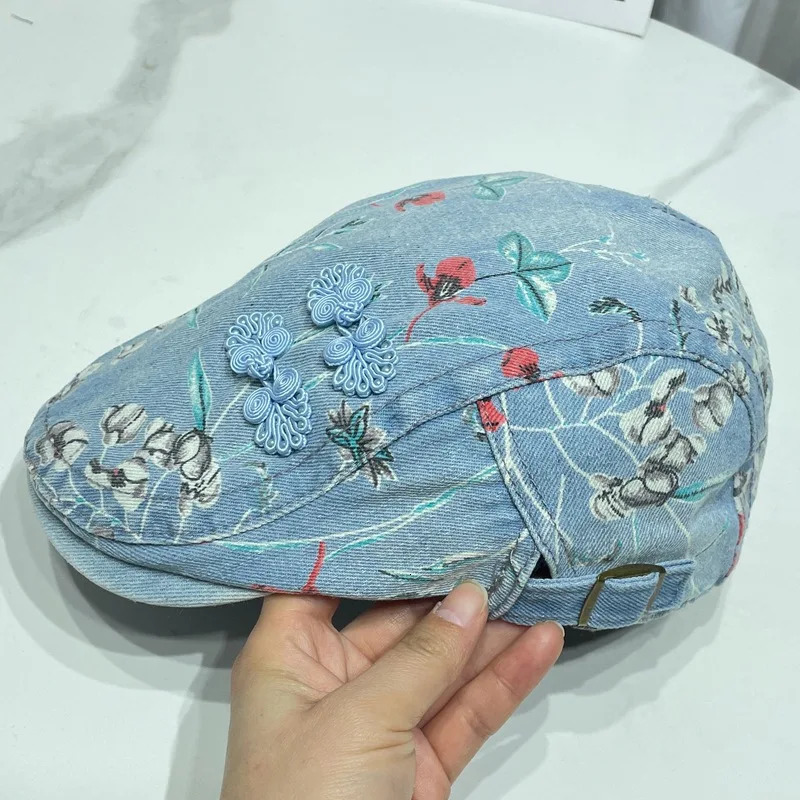 Chinese Style Retro Button Denim Berets for Women Spring and Summer Fashion Flower Print Versatile Casual Forward Hats 241009