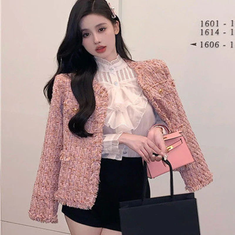 Rimboy elegant pink tweed cut jacket for womens autumn fashion long sleeved jacket for womens round neck social style party jacket 240930