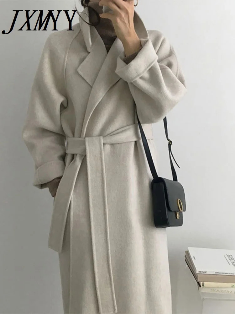 JXMYY French Lazy Style Warm Female Fresh Winter 2024 Classical Belt Retro Loose Women Woolen Coats Chic Casual Long Coat 240930